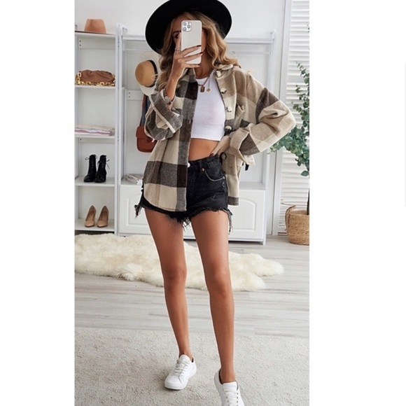 Dark Brown and Tan Plaid Button Up Shacket - Picture 2 of 4